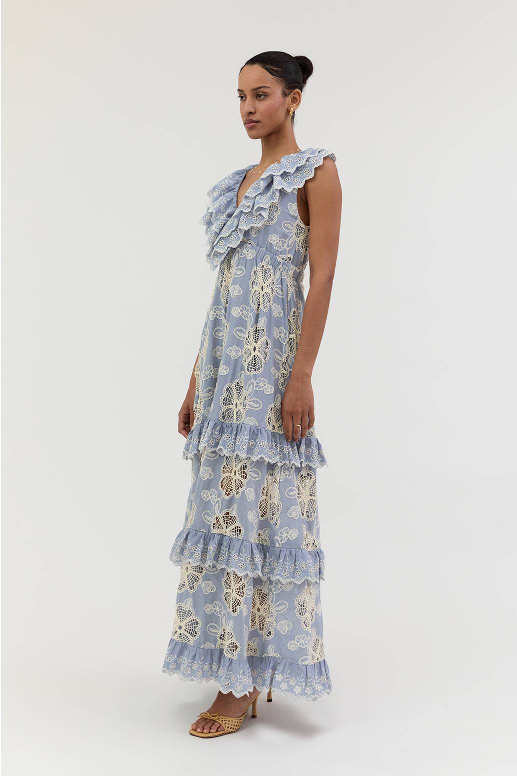 Abigail Ruffle Embroidered Maxi Dress – Powder Blue & Cream
