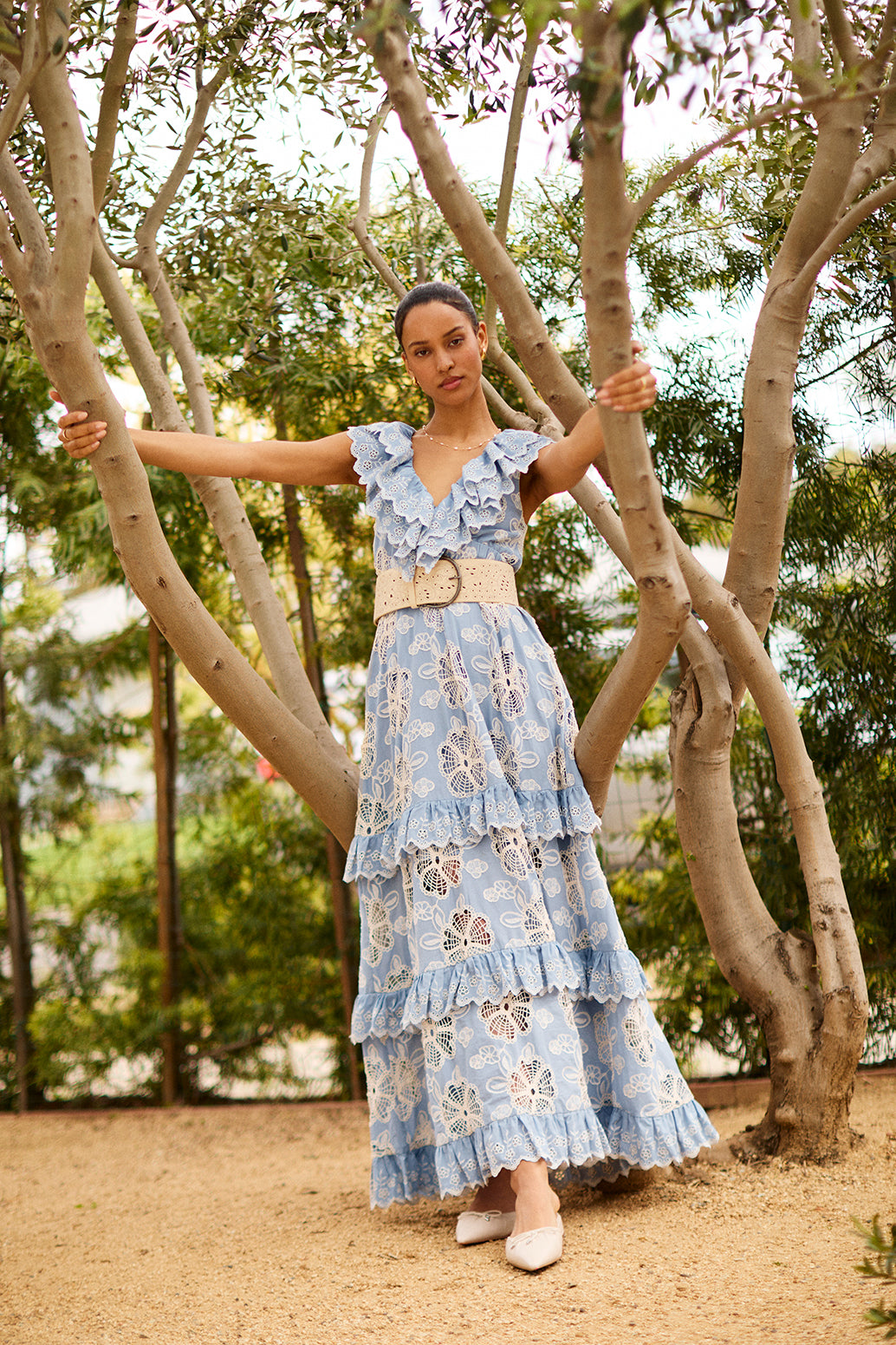 Abigail Ruffle Embroidered Maxi Dress – Powder Blue & Cream
