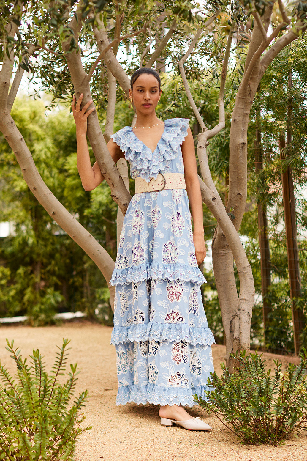 Abigail Ruffle Embroidered Maxi Dress – Powder Blue & Cream